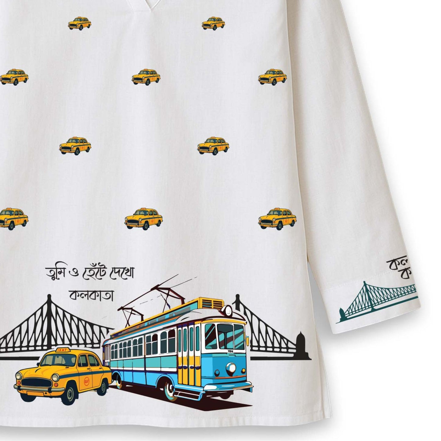 Iconic Kolkata Kurti — Ambassador, Tram & Howrah Bridge Print on White Cotton Short Kurti