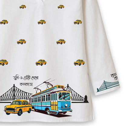 Iconic Kolkata Kurti — Ambassador, Tram & Howrah Bridge Print on White Cotton Short Kurti