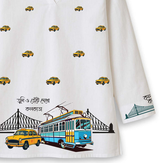 Iconic Kolkata Kurti — Ambassador, Tram & Howrah Bridge Print on White Cotton Short Kurti