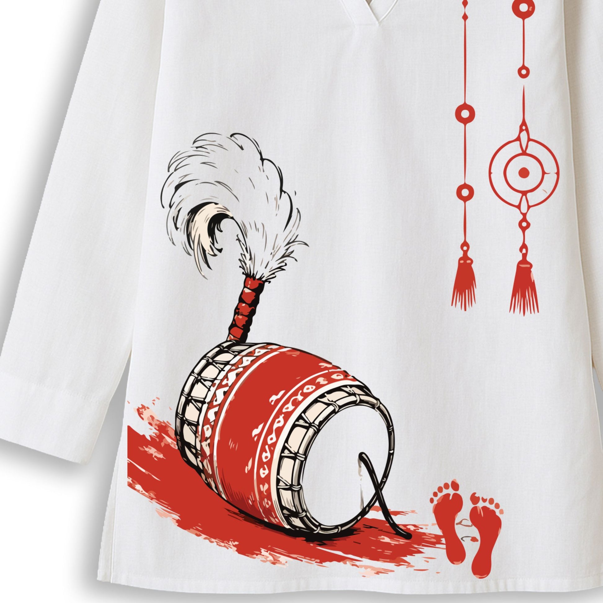 Dhak print kurti worn view — Durga Puja festive women's short kurti in white cotton with V-neck and full sleeves by Smarteez