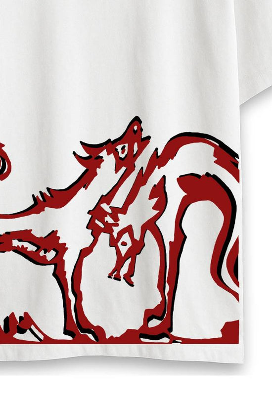 Close-up of Sahaj Path inspired Bengali Graphic T-Shirt showing expressive red and black illustration on soft white cotton fabric.