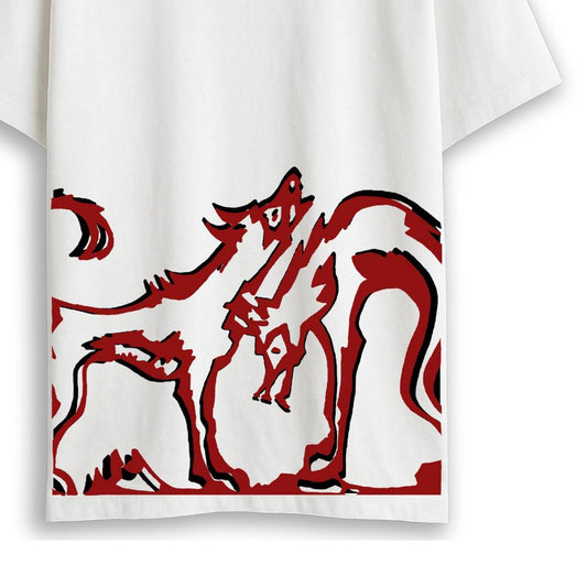 Close-up of Sahaj Path inspired Bengali Graphic T-Shirt showing expressive red and black illustration on soft white cotton fabric.