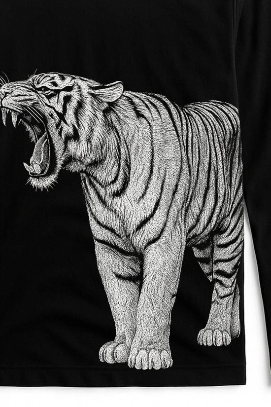 Bengal Tiger T-Shirt - Unisex Design with roaring tiger graphic on black full sleeves cotton fabric, ideal for wildlife enthusiasts and collectors.