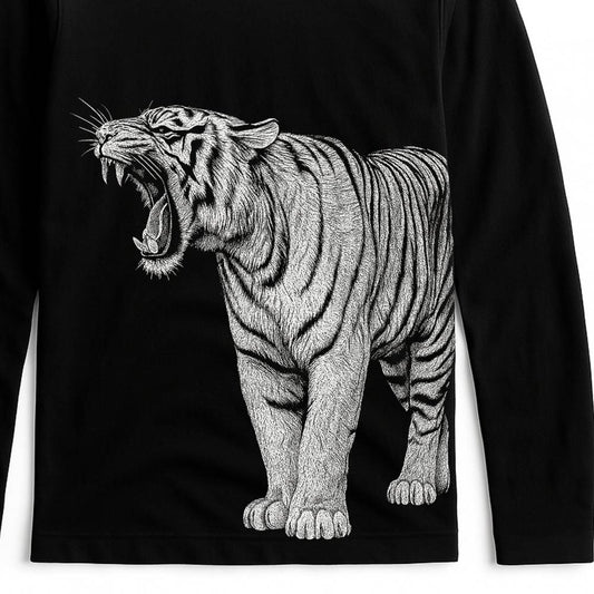 Bengal Tiger T-Shirt - Unisex Design with roaring tiger graphic on black full sleeves cotton fabric, ideal for wildlife enthusiasts and collectors.