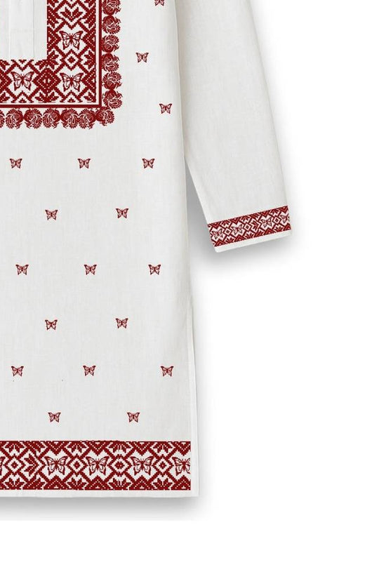 Utsav Buti Kurta in white cotton with red Bengali style print, ideal for weddings and festive occasions. Traditional Panjabi design for men.