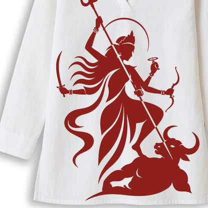 Mahishasuramardini kurti worn view — Goddess Durga slaying Mahishasura print on white V-neck full sleeve women's kurti