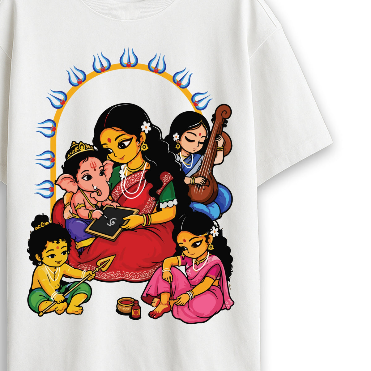 Durga Puja t-shirt close-up - Devi Paribar print showing Ganesha, Lakshmi, Saraswati and Kartikeya under trishul arch