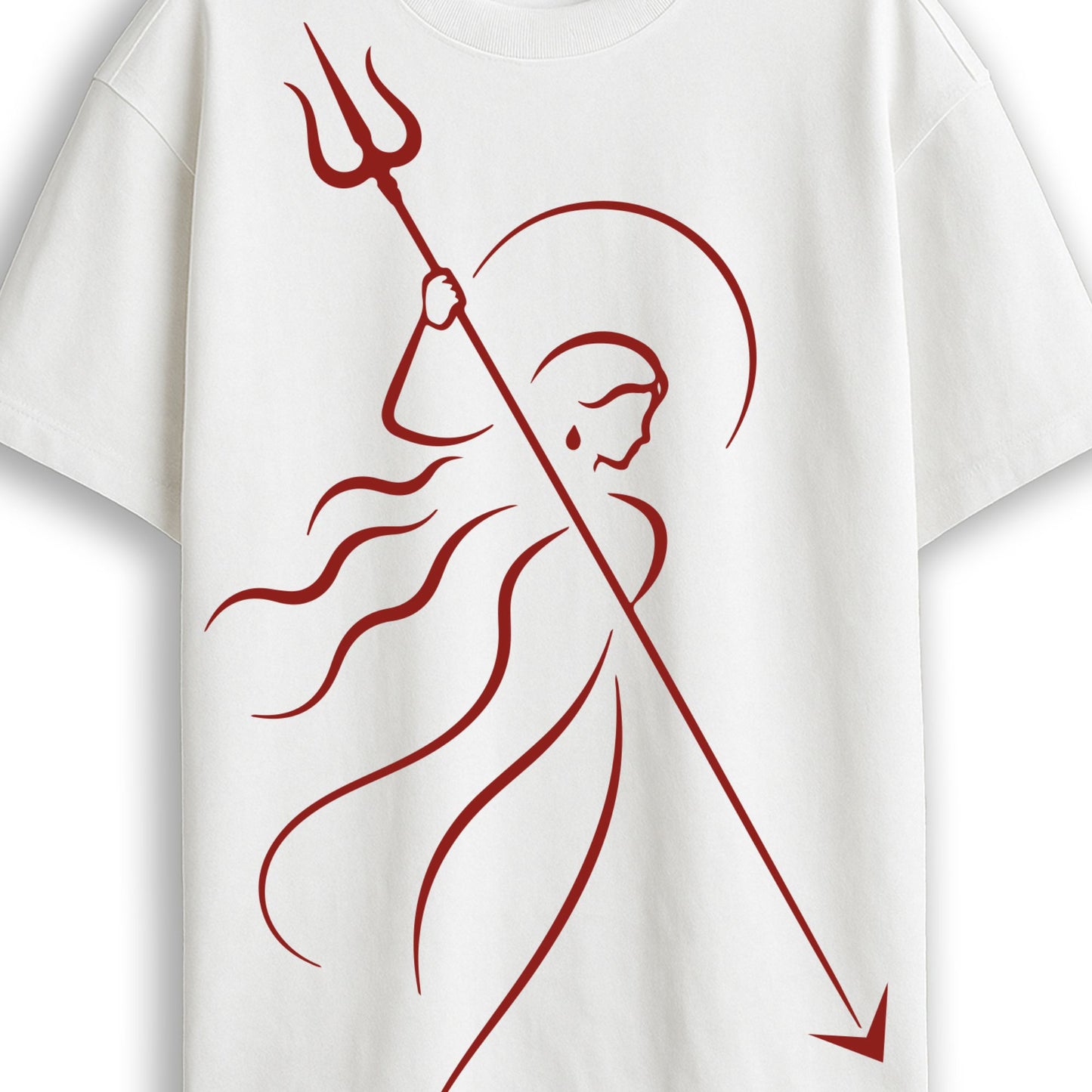 Ma Durga line art tee close-up — single-stroke Goddess with trishul and flowing hair, red on white oversized tee by Smarteez