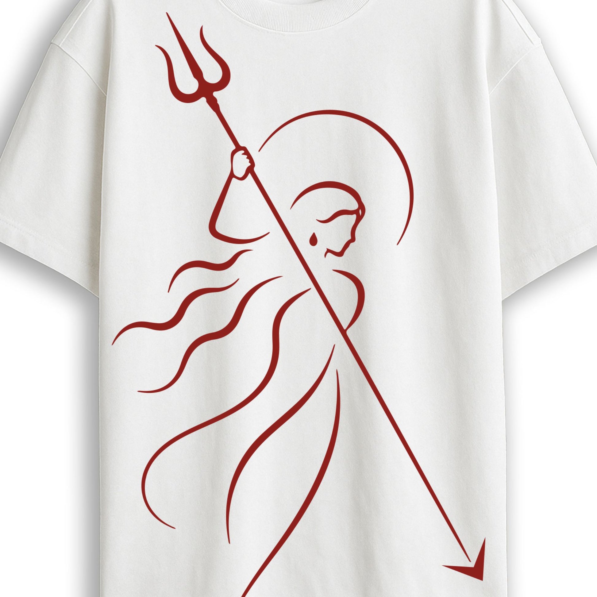 Ma Durga line art tee close-up — single-stroke Goddess with trishul and flowing hair, red on white oversized tee by Smarteez
