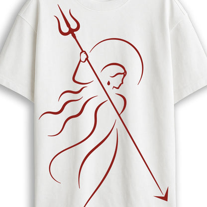 Ma Durga line art tee close-up — single-stroke Goddess with trishul and flowing hair, red on white oversized tee by Smarteez