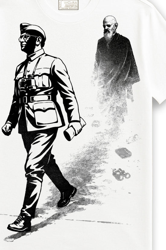 Will We Ever Know – Netaji T-shirt in 100% cotton featuring bold black graphic of Subhas Chandra Bose and a mysterious figure, unisex fit tee.