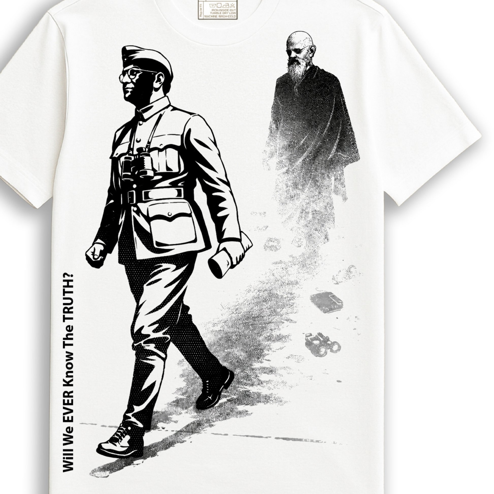 Will We Ever Know – Netaji T-shirt in 100% cotton featuring bold black graphic of Subhas Chandra Bose and a mysterious figure, unisex fit tee.