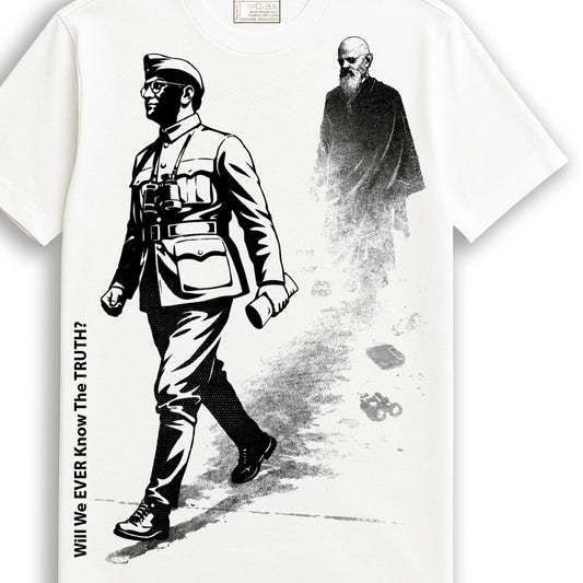 Will We Ever Know – Netaji T-shirt in 100% cotton featuring bold black graphic of Subhas Chandra Bose and a mysterious figure, unisex fit tee.