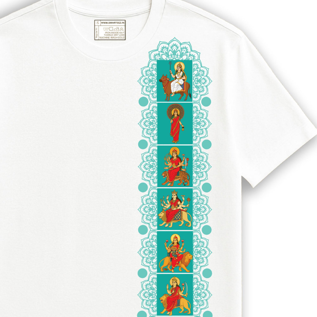 Navadurga T-shirt front view on white cotton — nine goddess forms vertical panel design with mandala motifs
