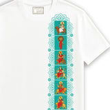 Navadurga T-shirt front view on white cotton — nine goddess forms vertical panel design with mandala motifs
