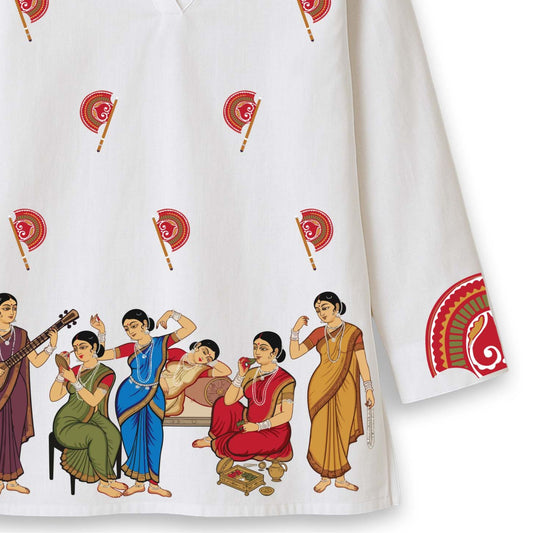 Mahila Mahal Kurti — Kalighat Folk Art on White Short Kurti