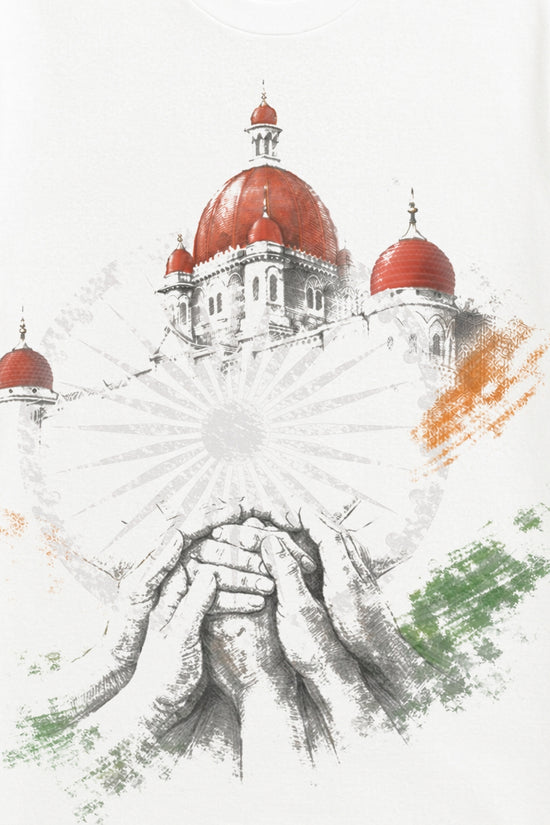 Close-up of Hands of Unity - India Tshirt showing detailed sketch of hands, Ashoka Chakra, and red-domed monument with tricolor brush strokes.