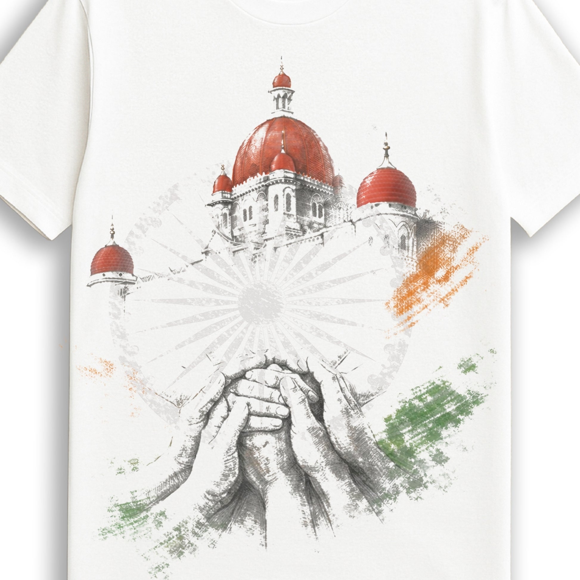 Close-up of Hands of Unity - India Tshirt showing detailed sketch of hands, Ashoka Chakra, and red-domed monument with tricolor brush strokes.