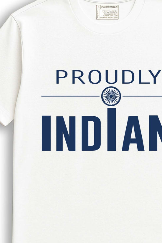 Proudly Indian unisex patriotic graphic T-shirt in white cotton with bold navy text and Ashoka Chakra design, ideal for national pride wear.