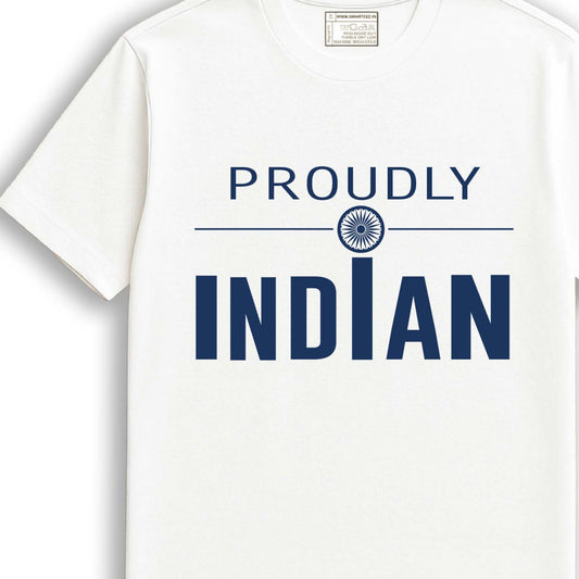 Proudly Indian unisex patriotic graphic T-shirt in white cotton with bold navy text and Ashoka Chakra design, ideal for national pride wear.