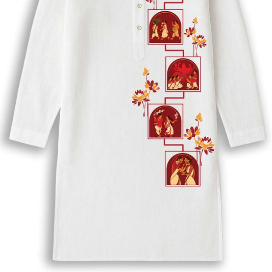 Pujo Scroll Panjabi — Five Moments of Durga Puja Print on White Cotton Panjabi for Durga Puja 2026