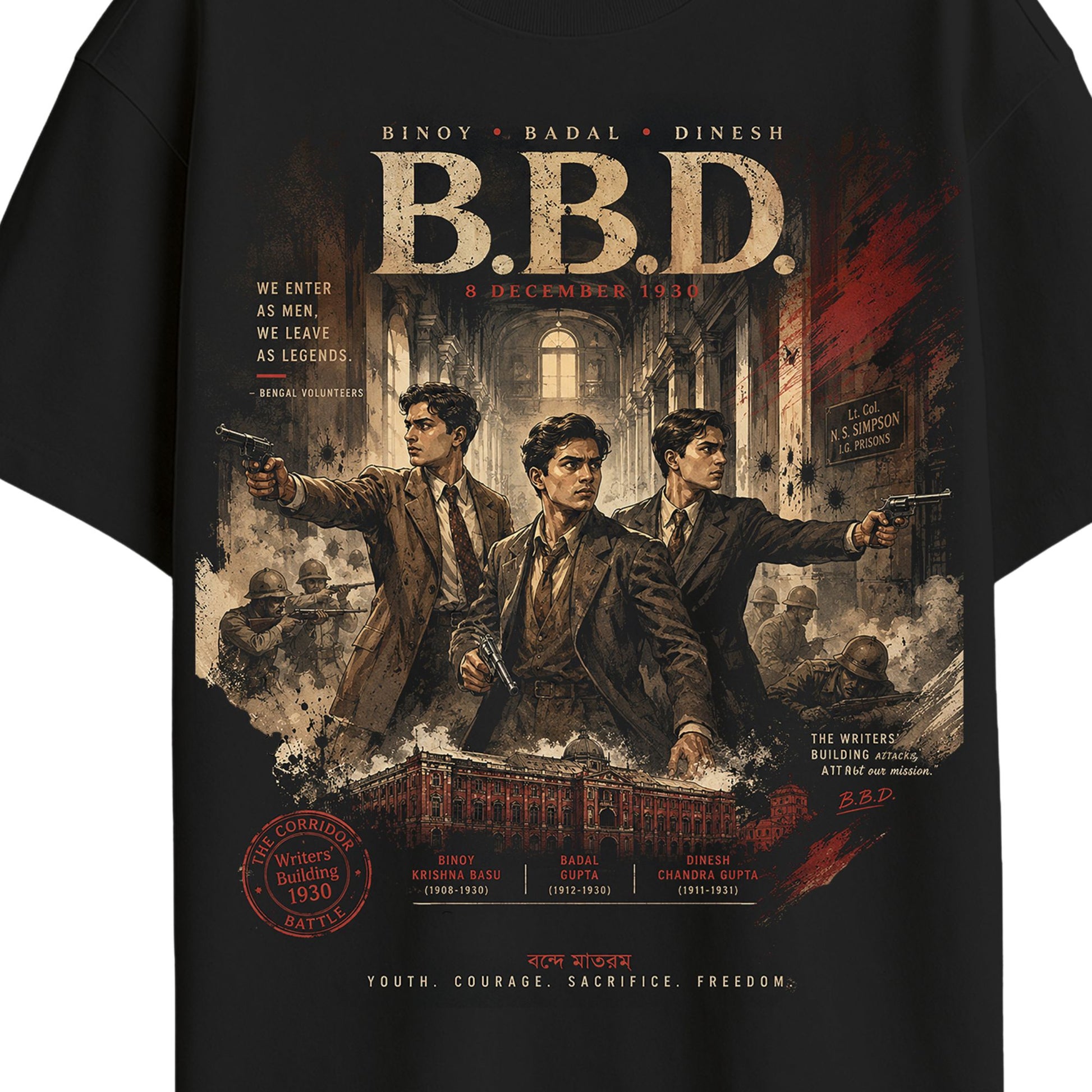 Close-up of B.B.D. tribute tee print detail showing Binoy, Badal, Dinesh portrait illustration, Writers' Building corridor scene, and name plaques with dates