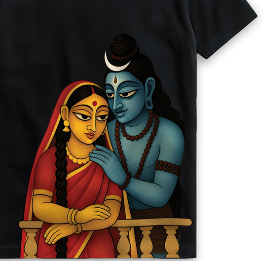 Shiva-Parvati Bengali couple T-shirt flat lay on black cotton — folk-art illustration of the divine couple leaning on a balcony railing