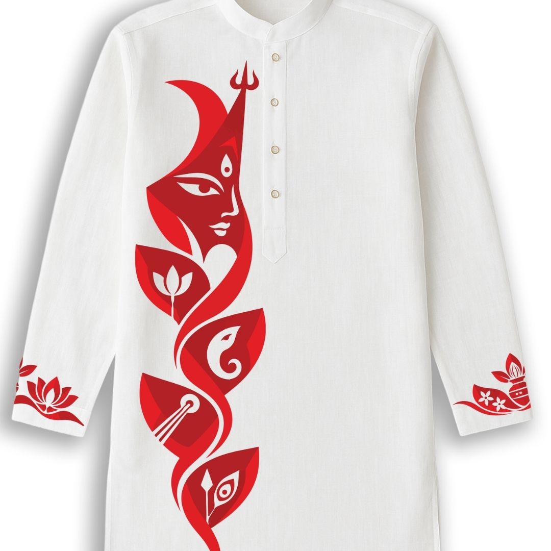 Close-up of Devi and Her Children Panjabi placket print showing Durga's face crowned by trishul above the four children's petal motifs