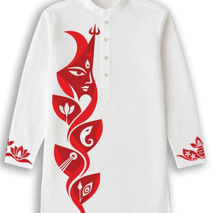 Close-up of Devi and Her Children Panjabi placket print showing Durga's face crowned by trishul above the four children's petal motifs