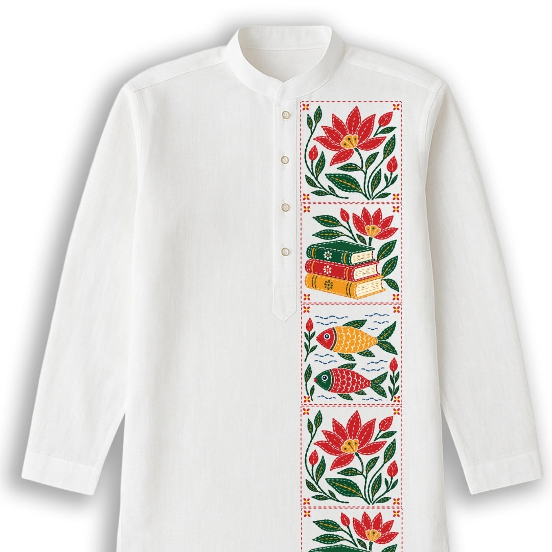 Close-up of Kantha-inspired panjabi placket with red lotus, stacked books and fish motifs in dashed border frames