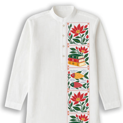 Close-up of Kantha-inspired panjabi placket with red lotus, stacked books and fish motifs in dashed border frames