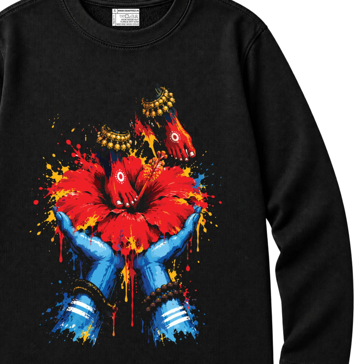 Close-up of the Mon Keno Mayer Charanchara artwork on a black French terry full sleeves T-shirt, red hibiscus held in blue hands, ribbed collar and Smarteez label