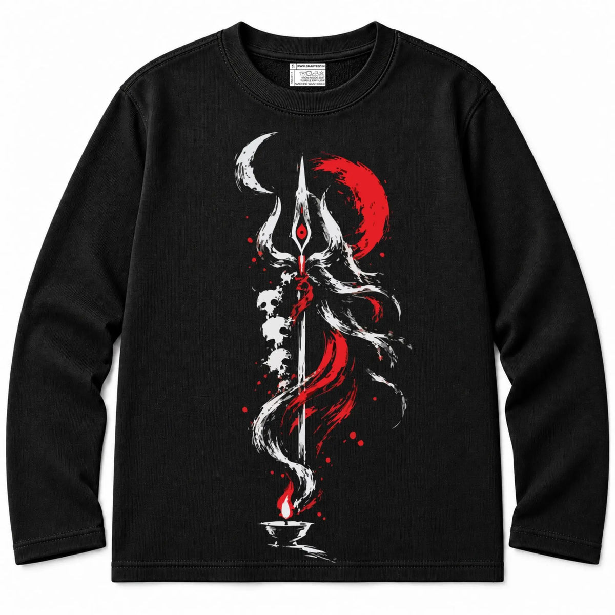 Front view of black Shyama Maa Kali French terry full sleeves T-shirt with trishul, red moon and diya artwork