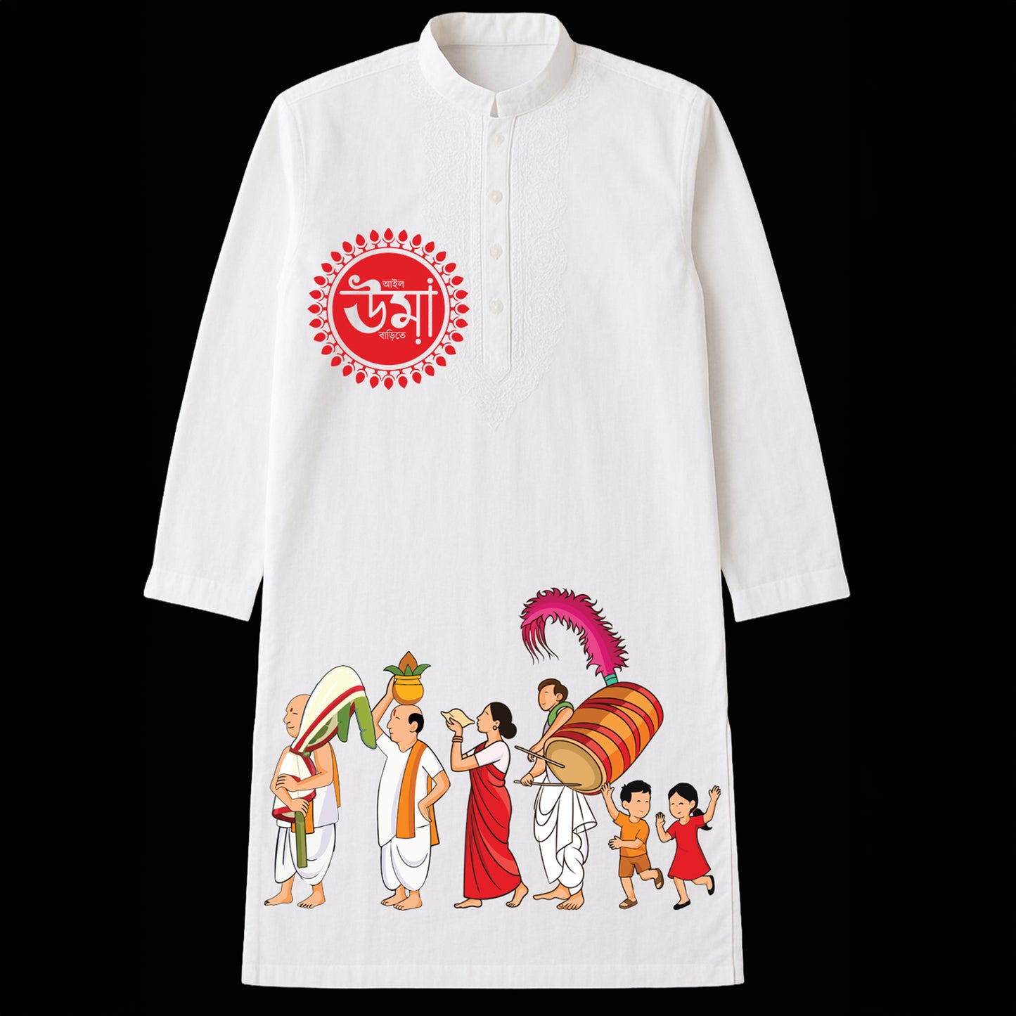 White Nabapatrika Kurta for Bengali Men featuring colorful Snan Yatra graphic and 'Utsa' logo, ideal for Durga Puja festive wear in cotton fabric.