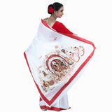 Bonedi Barir Durga Puja Saree – Thakur Dalan Ek-Chala Durga, Dhaki & Aarti Print with Red Laal Paar Border on White Khadi Cotton