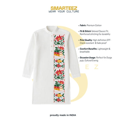 Smarteez Bengali Kantha art panjabi product infographic with fabric, fit and print details for Durga Puja