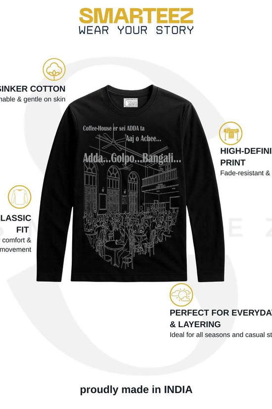 Coffee House T-Shirt - Song Inspired | Bengali Full Sleeves tee with adda-themed typography and café illustration, made from 180 GSM cotton.