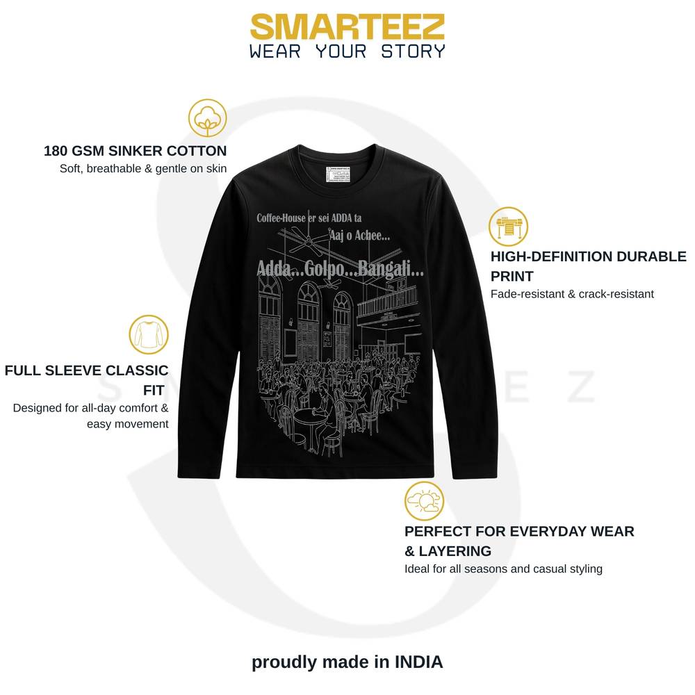 Coffee House T-Shirt - Song Inspired | Bengali Full Sleeves tee with adda-themed typography and café illustration, made from 180 GSM cotton.