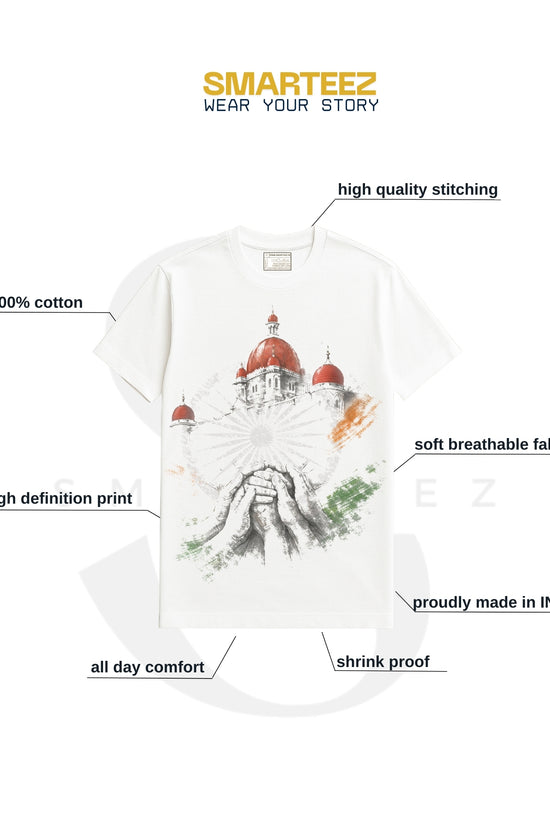 Hands of Unity - India Tshirt by Smarteez with callouts for 100% cotton, breathable fabric, high-definition print, and made in India quality.