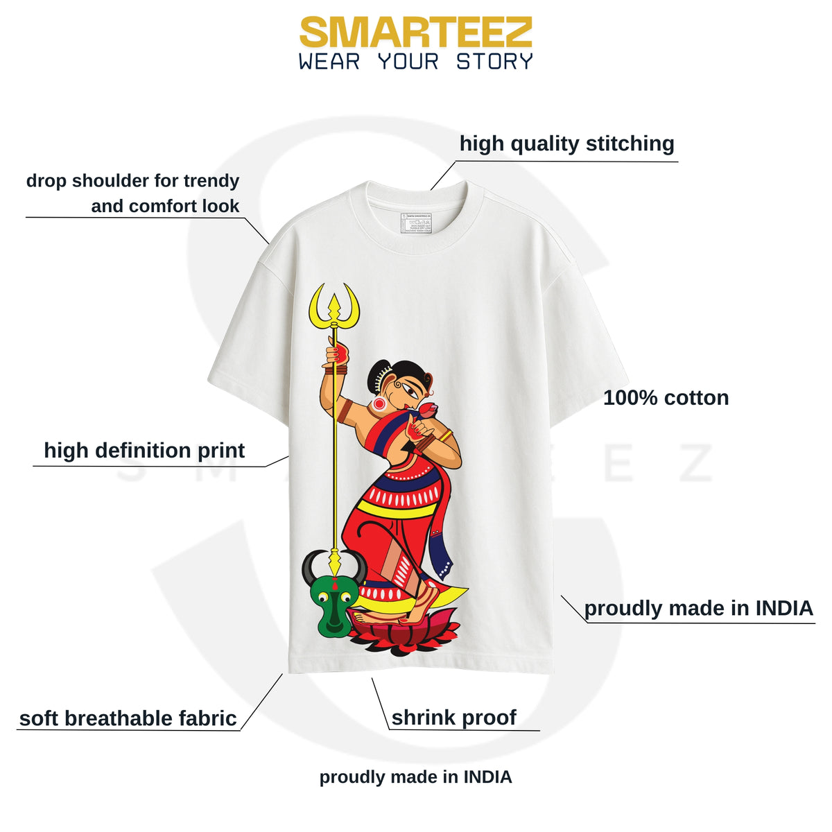 Smarteez Durga Puja t-shirt infographic - Mahishasur Mardini oversized cotton tee fabric, fit and print details