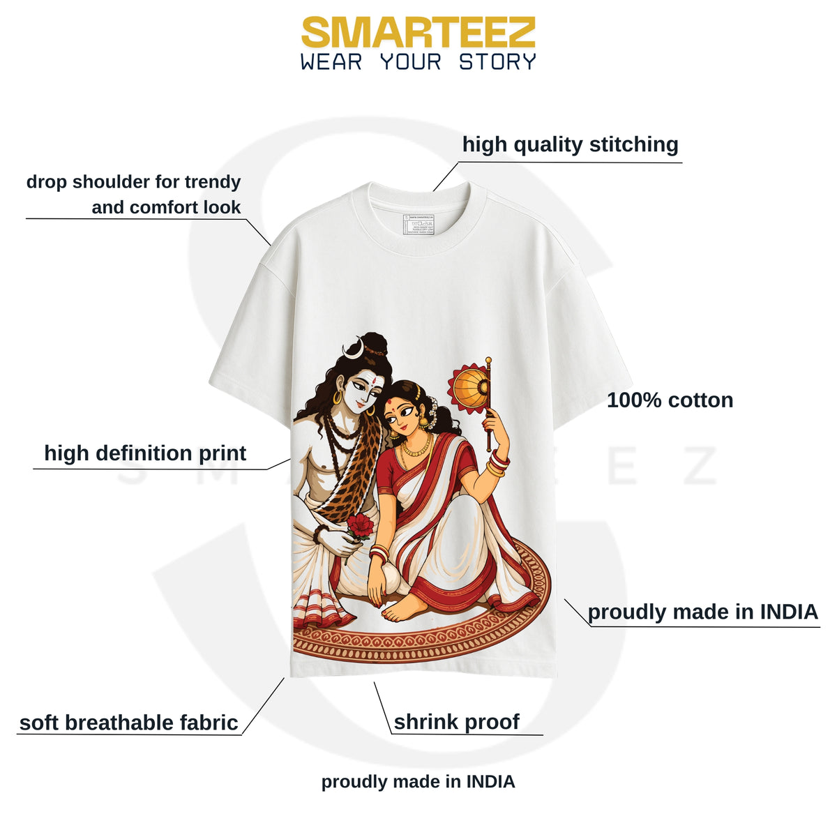 Smarteez Durga Puja t-shirt infographic - Shiv-Parvati oversized cotton tee fabric, fit and print details