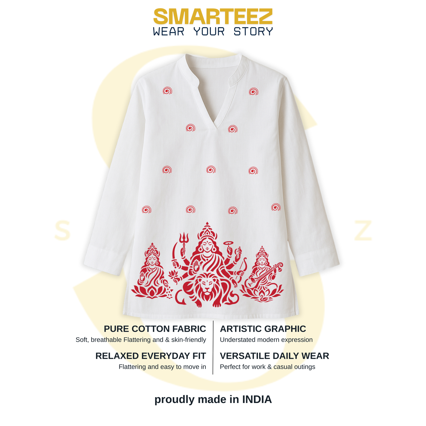Trishakti - Durga, Lakshmi & Saraswati Print on White Cotton Short Kurti for Women