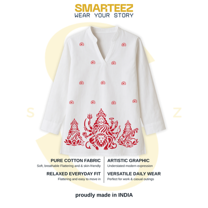 Trishakti - Durga, Lakshmi & Saraswati Print on White Cotton Short Kurti for Women