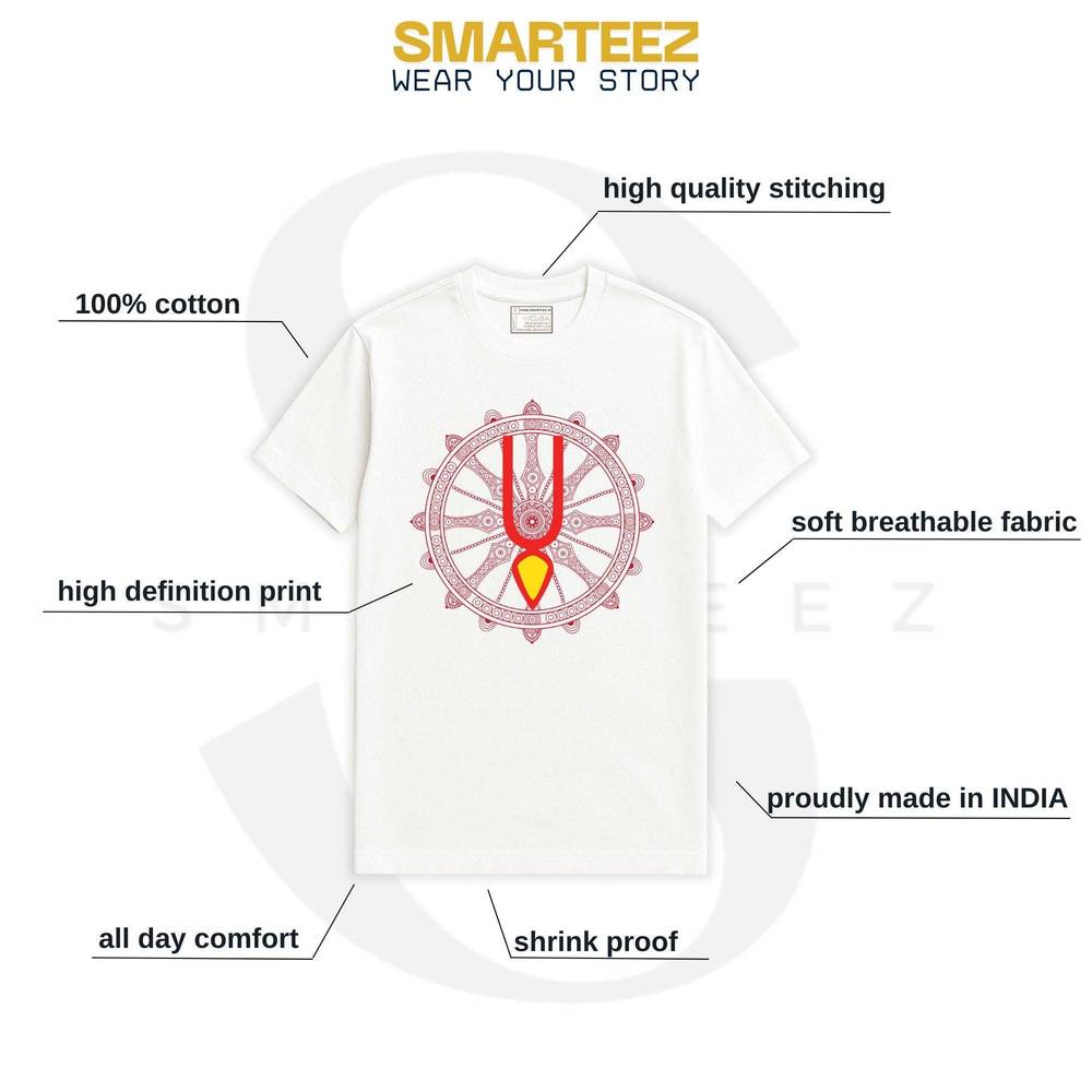 Spiritual design T-shirt with Lord Jagannath symbol, size chart, and product details