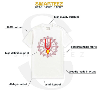 Spiritual design T-shirt with Lord Jagannath symbol, size chart, and product details