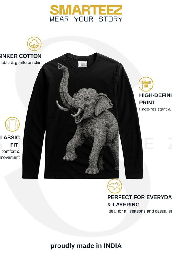 Elephant T-Shirt - Indian Elephant Collection | Wildlife Graphic featuring a detailed elephant print on a black full sleeves cotton tee, ideal for casual wear.