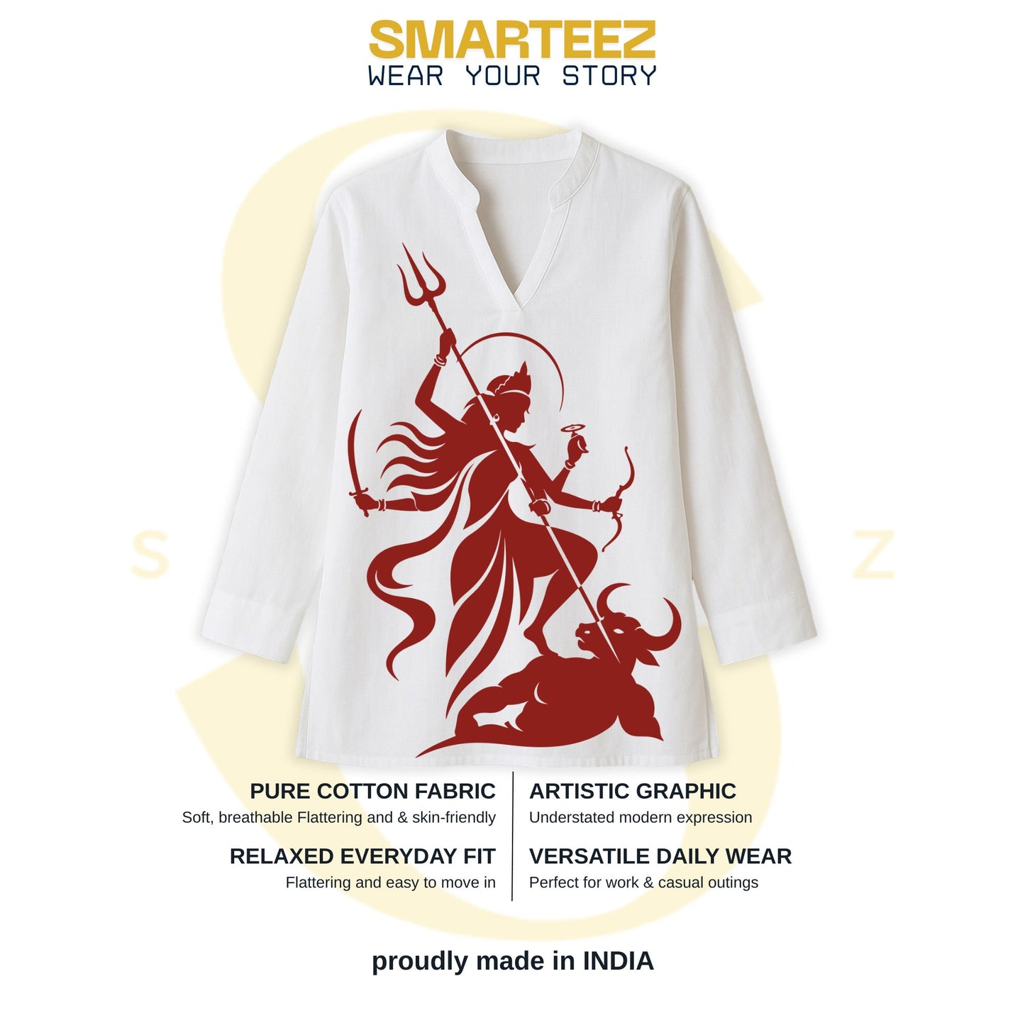 Durga Puja 2026 women's kurti by Smarteez — Mahishasuramardini silhouette print detail on premium white cotton short kurti