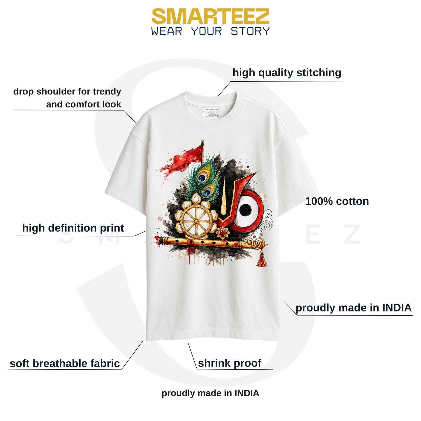 Smarteez Lord Jagannath oversized t-shirt features — drop shoulder, high definition print, 100% cotton, shrink proof, soft breathable fabric, made in India