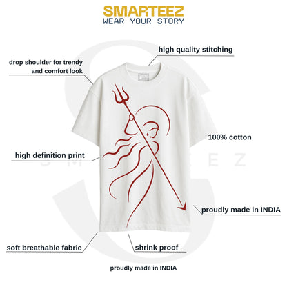 Smarteez Ma Durga Durga Puja 2026 oversized T-shirt product detail — minimalist Goddess silhouette print, white unisex tee