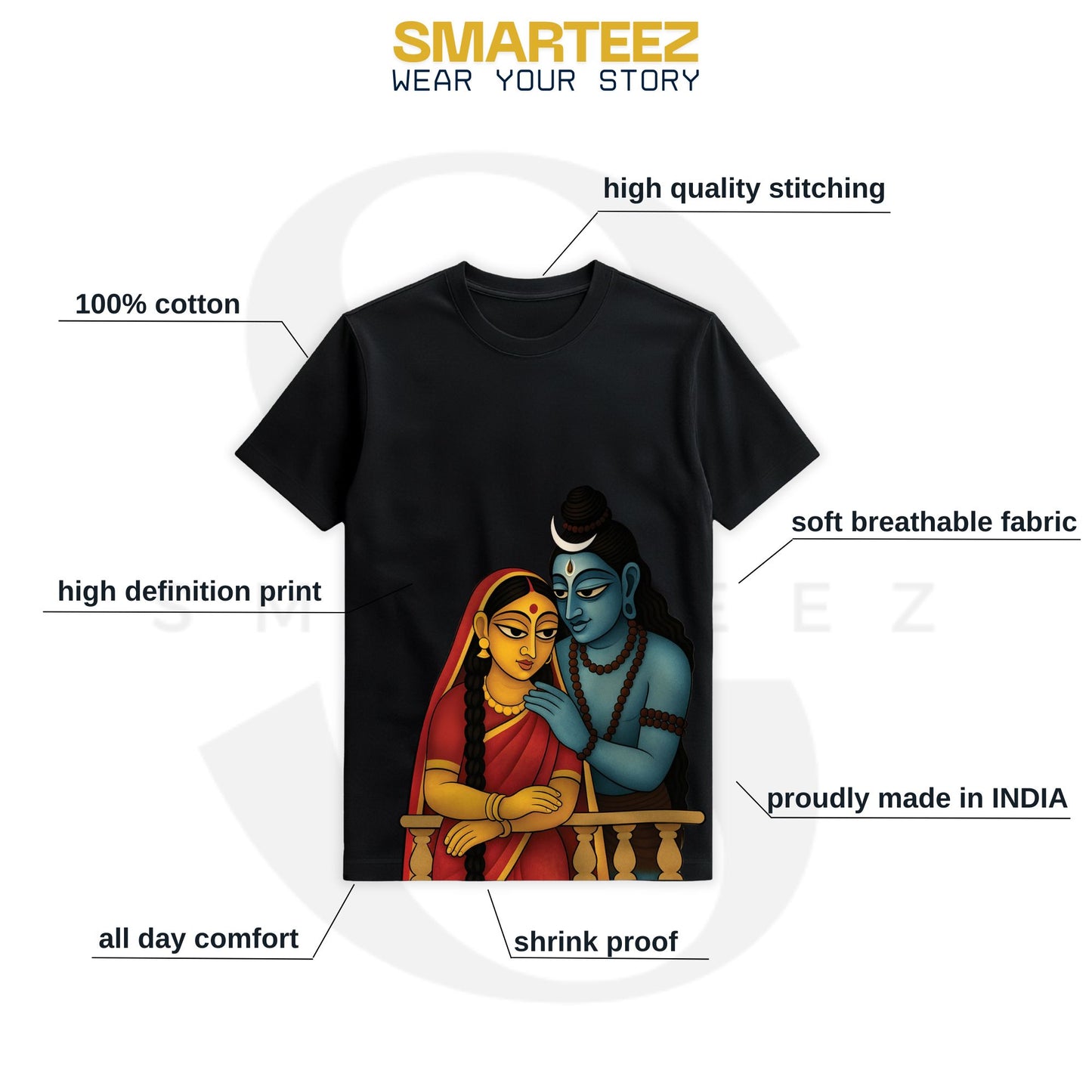 Close-up of Shiva-Parvati folk-art print on black T-shirt, showing detailed illustration of the couple's faces and jewelry